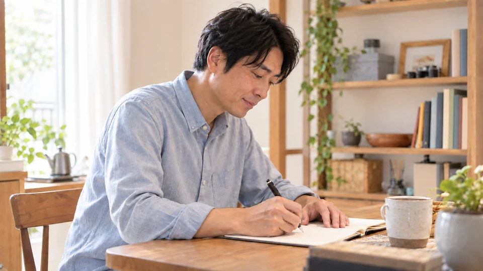 明るい自宅で、男性がノートにペンを走らせる。