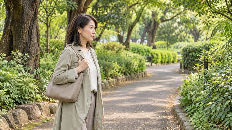 木々のある歩道で、女性が穏やかに立ち止まる。