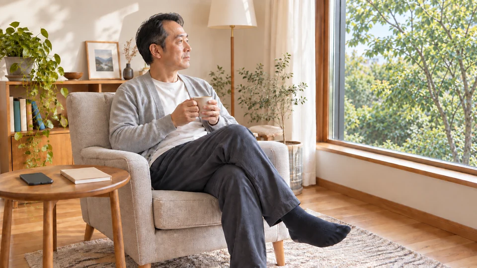 窓辺の椅子で、男性がカップを手に一息つく。