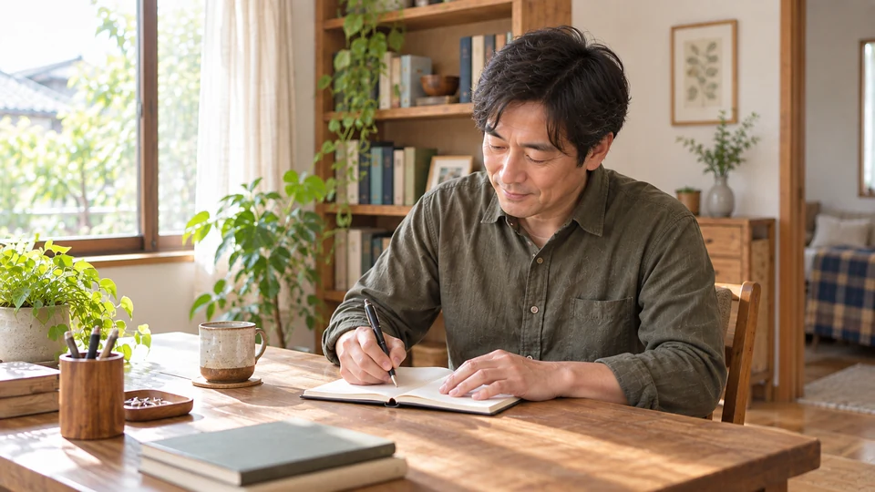 自宅の机で、男性がノートに小さな出来事を書き留める。