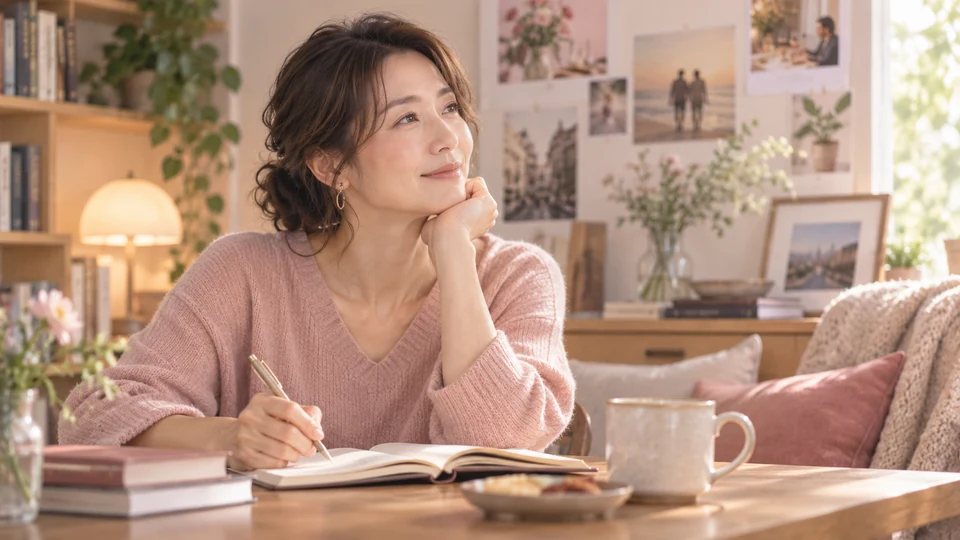温かな光の室内で、ノートを前に考える女性。