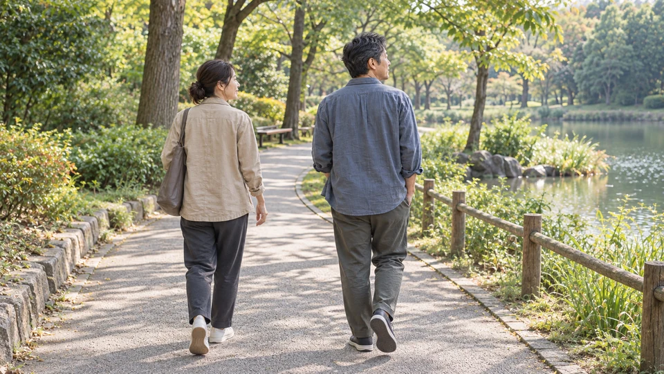 緑のある道を、二人が同じ方向を見ながら歩く。