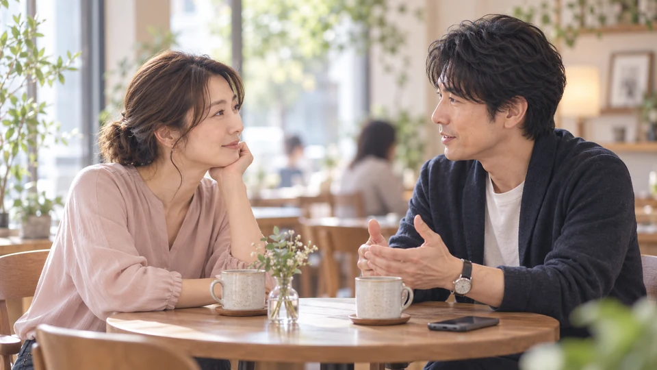 カフェのテーブルで、二人が穏やかに話す。