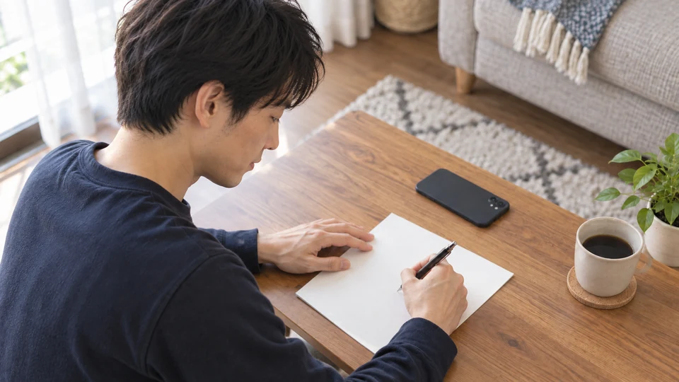 スマートフォンを脇に置き、男性がノートに書き留める。