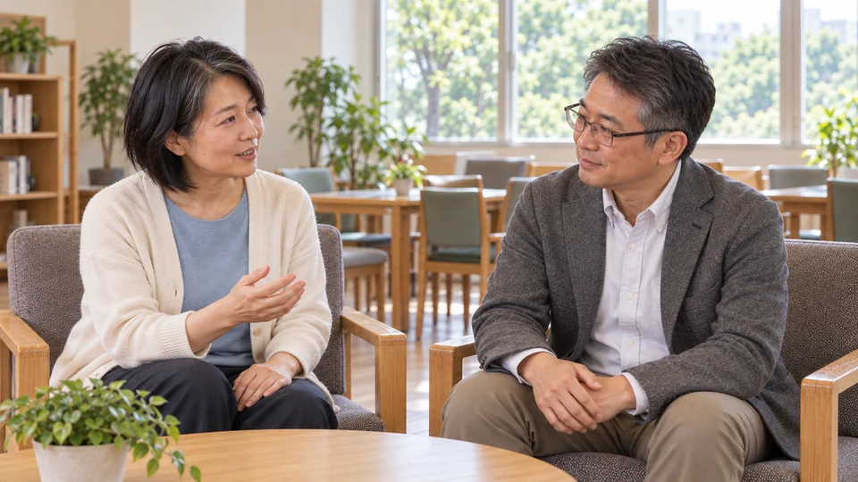 明るいラウンジで、二人が会話を交わす。