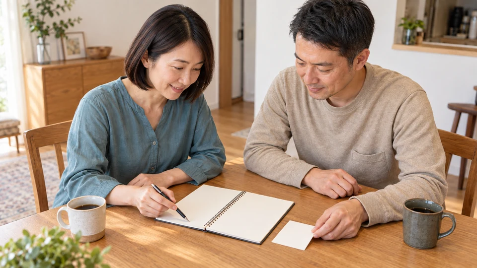 テーブルのノートを見ながら、二人が予定を相談する。
