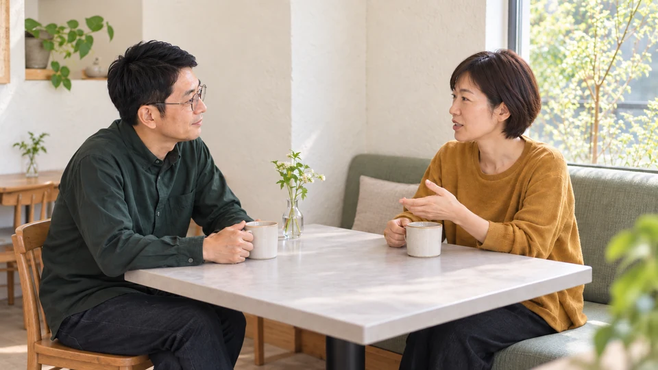 テーブルを挟み、一人が話し、もう一人が耳を傾ける。