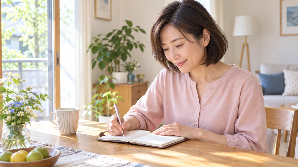 明るい自宅で、女性が手帳に予定を書き出す。