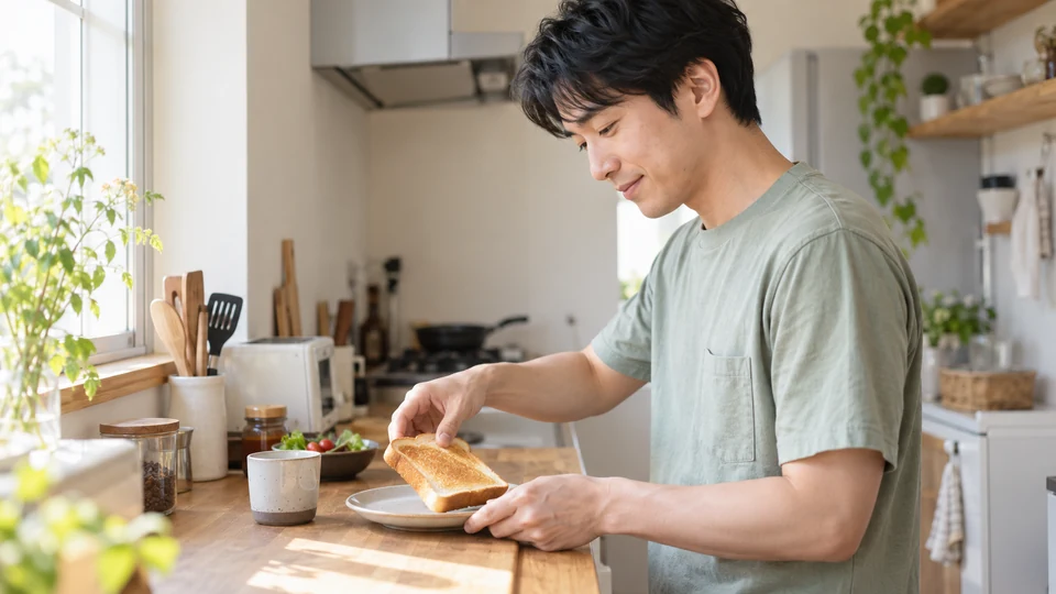 自宅のキッチンで、男性が朝食を用意する。