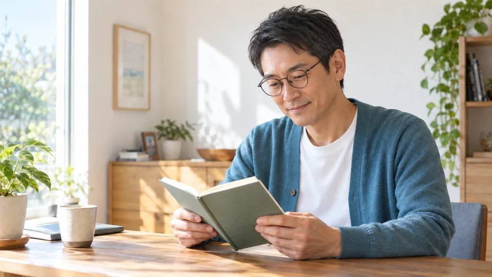 机に向かい、男性がノートを読み返す。