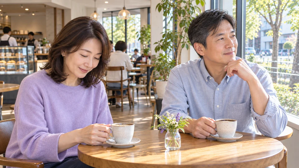 カフェで、二人が飲み物とともに一息つく。