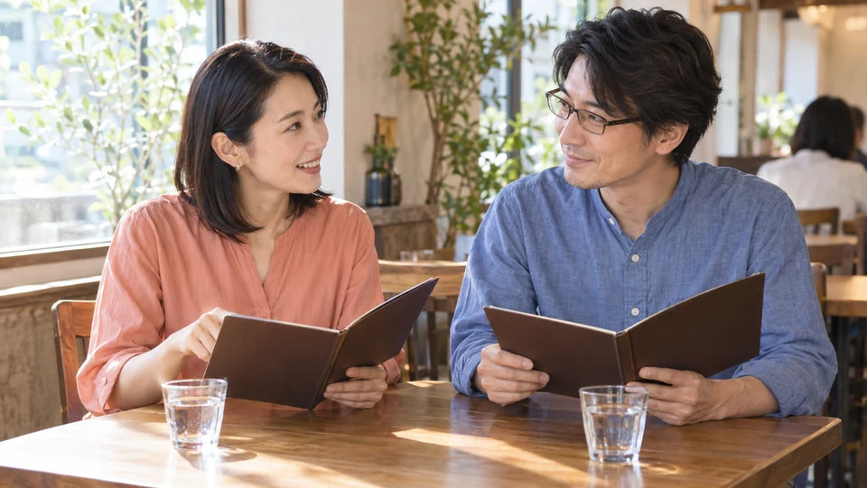 食事前のテーブルで、二人がそれぞれメニューを見る。