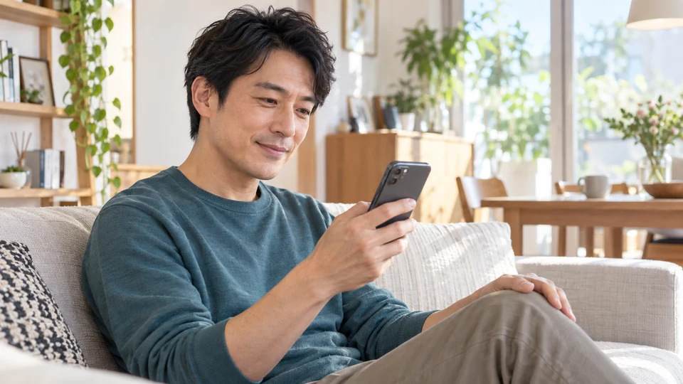 帰宅後、男性がソファでスマートフォンを手に考える。