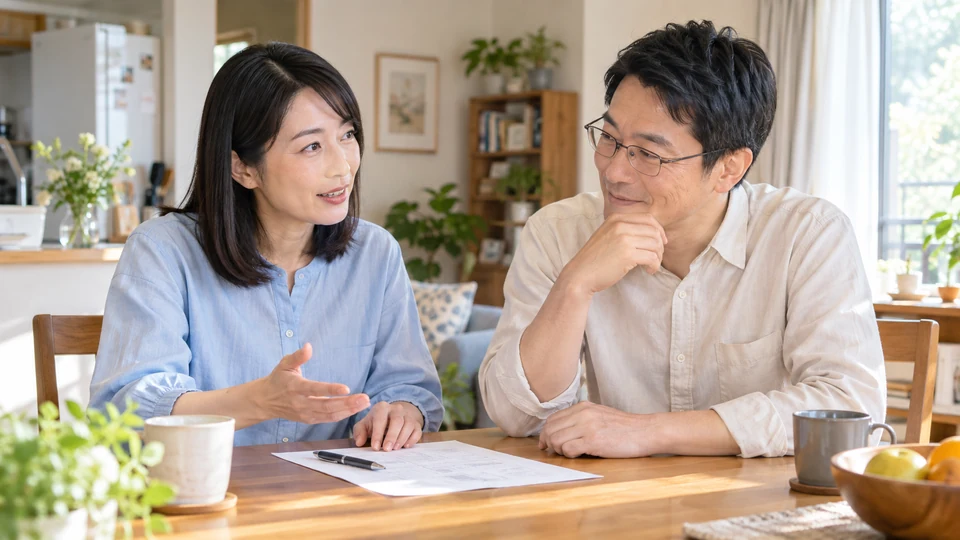自宅のテーブルで、二人が一枚の紙を見ながら話す。