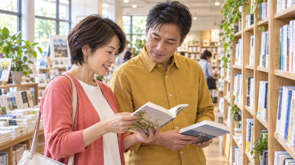 書店で、二人がそれぞれ手に取った本について話す。