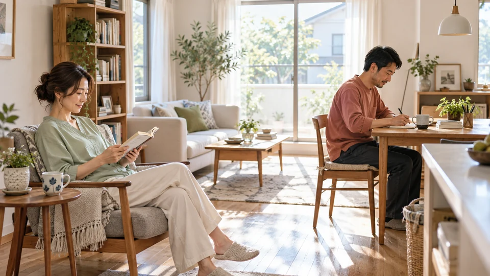 同じ明るい部屋の別々の席で、二人がそれぞれの時間を過ごす。