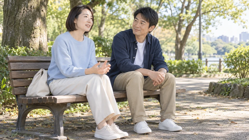 公園のベンチに座り、二人が落ち着いて話す。