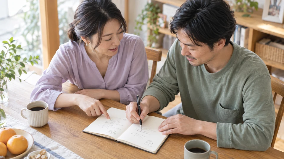 二人が同じノートを前に、暮らしの予定を整理する。