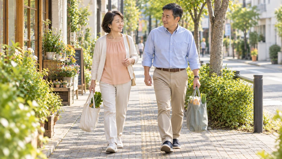 買い物袋を持つ二人が、並んで道を歩く。